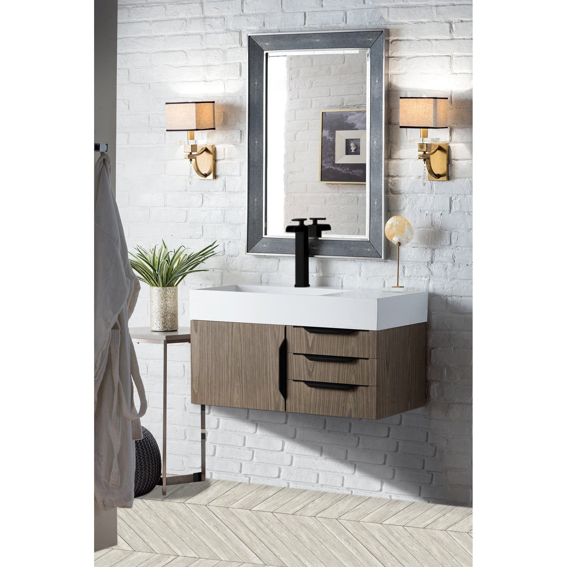 James Martin Vanities Columbia 36" Ash Gray and Matte Black Single Wall Mount Vanity With Glossy White Composite Stone Top