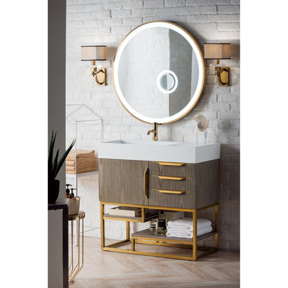 James Martin Vanities Columbia 36" Ash Gray and Radiant Gold Single Vanity With Glossy White Composite Stone Top