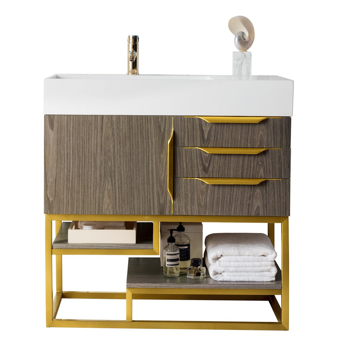 James Martin Vanities Columbia 36" Ash Gray and Radiant Gold Single Vanity With Glossy White Composite Stone Top