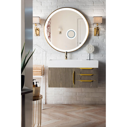 James Martin Vanities Columbia 36" Ash Gray and Radiant Gold Single Wall Mount Vanity With Glossy White Composite Stone Top