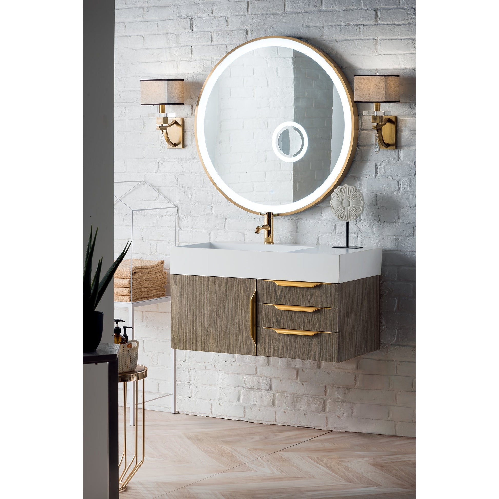 James Martin Vanities Columbia 36" Ash Gray and Radiant Gold Single Wall Mount Vanity With Glossy White Composite Stone Top