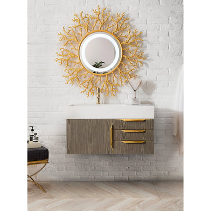 James Martin Vanities Columbia 36" Ash Gray and Radiant Gold Single Wall Mount Vanity With Glossy White Composite Stone Top