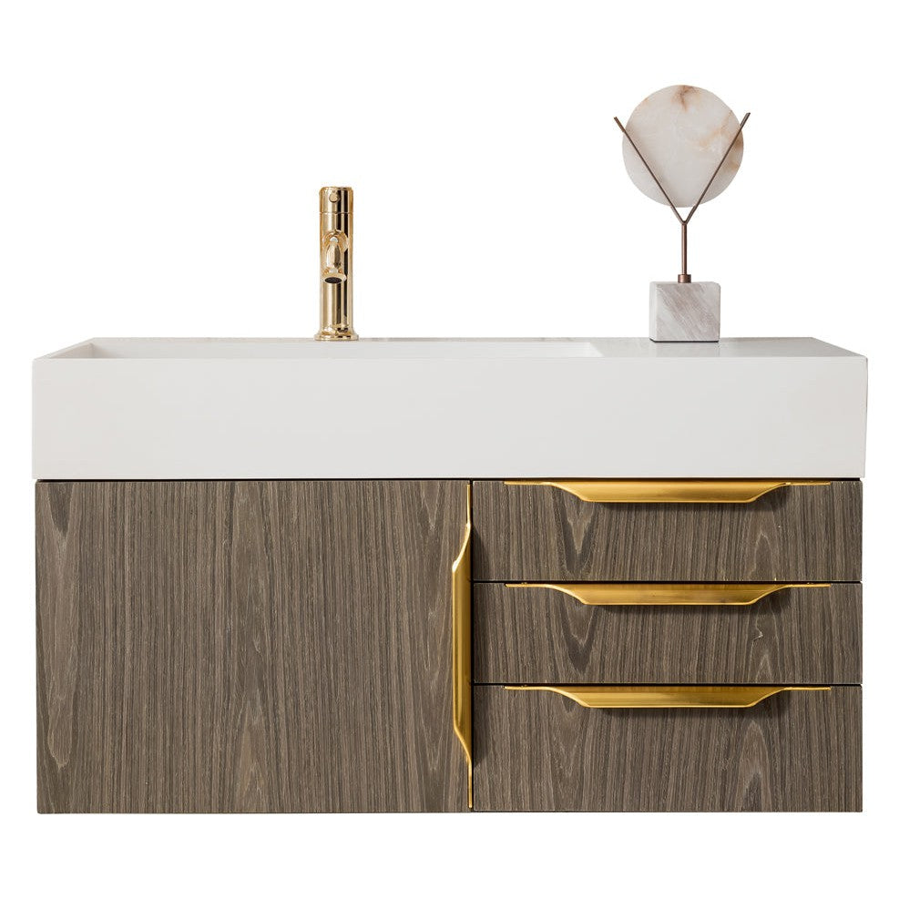 James Martin Vanities Columbia 36" Ash Gray and Radiant Gold Single Wall Mount Vanity With Glossy White Composite Stone Top