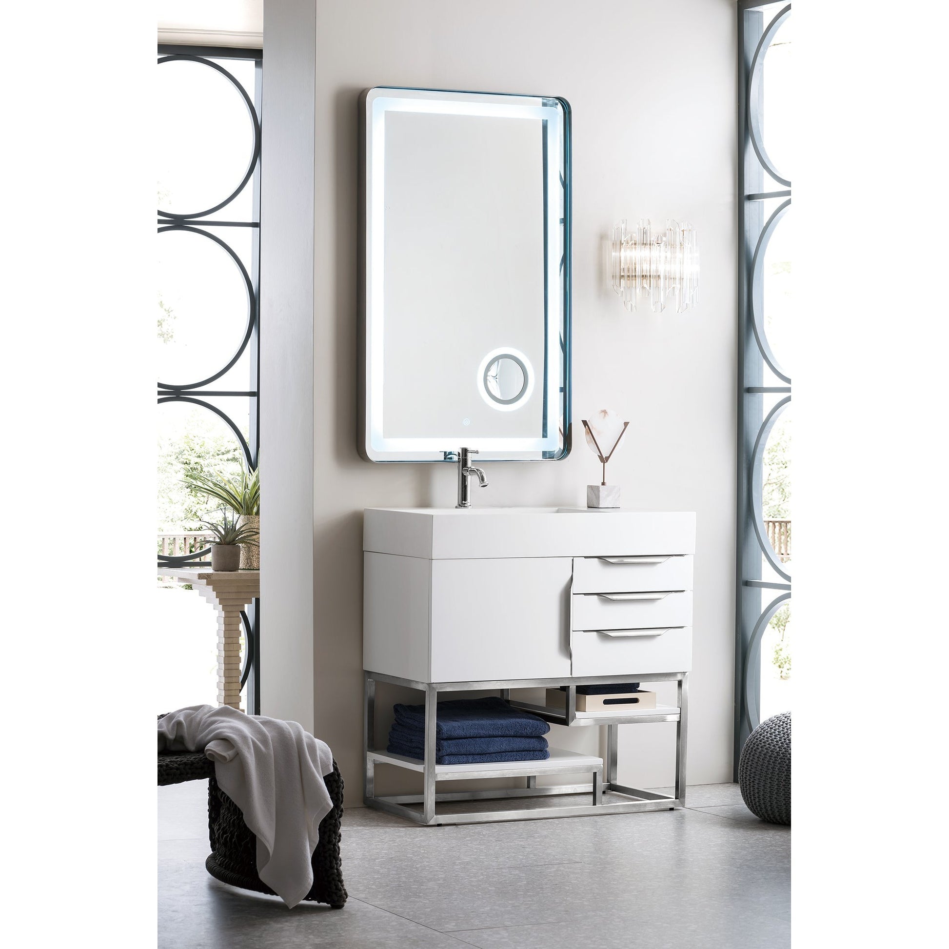 James Martin Vanities Columbia 36" Glossy White and Brushed Nickel Single Vanity With Glossy White Composite Stone Top