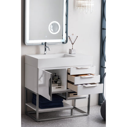 James Martin Vanities Columbia 36" Glossy White and Brushed Nickel Single Vanity With Glossy White Composite Stone Top