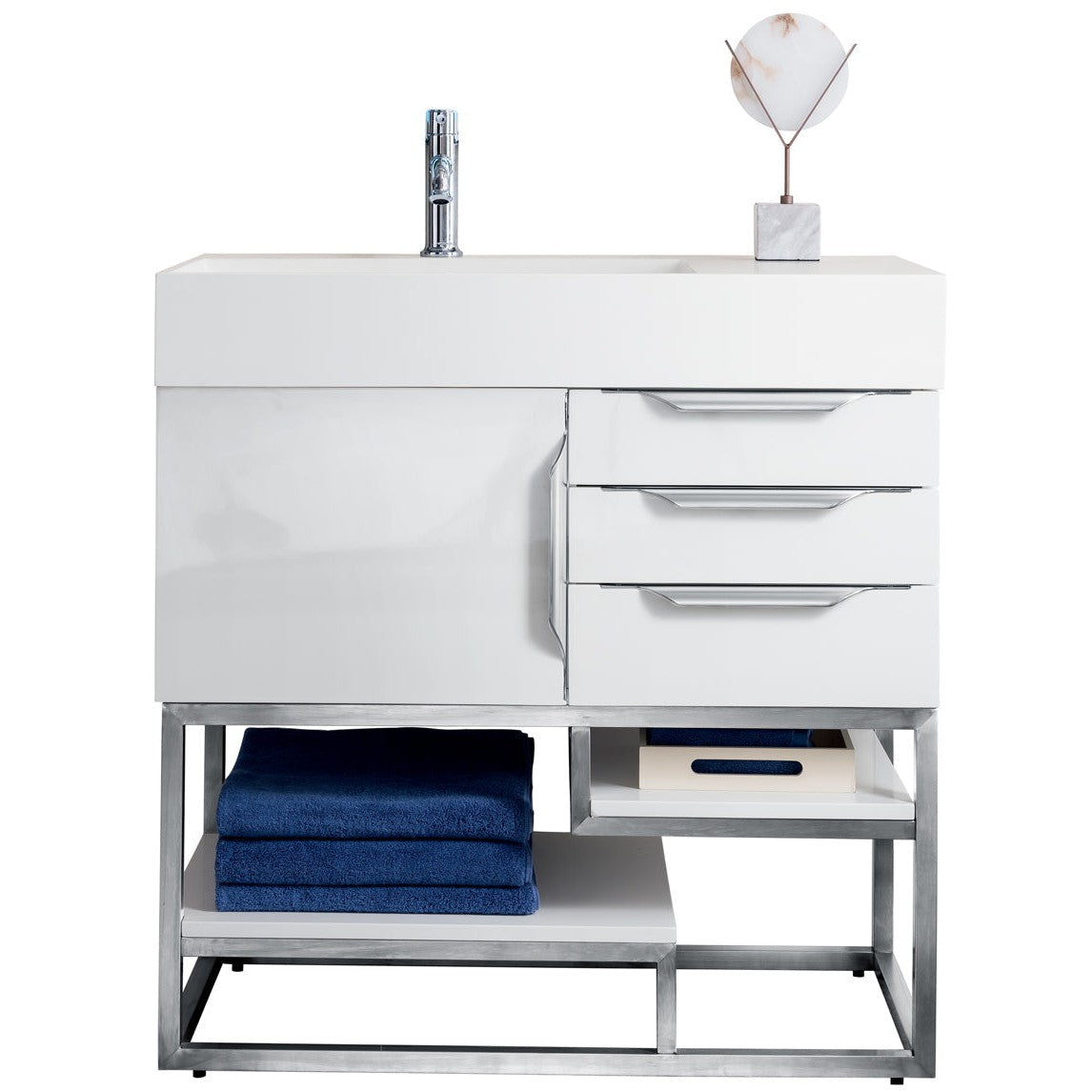 James Martin Vanities Columbia 36" Glossy White and Brushed Nickel Single Vanity With Glossy White Composite Stone Top