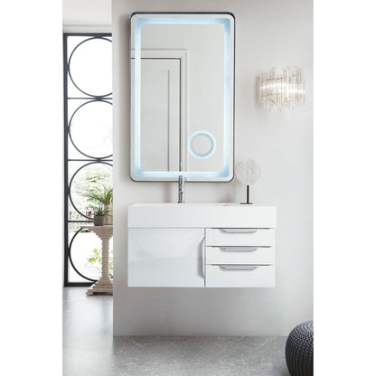 James Martin Vanities Columbia 36" Glossy White and Brushed Nickel Single Wall Mount Vanity With Glossy White Composite Stone Top