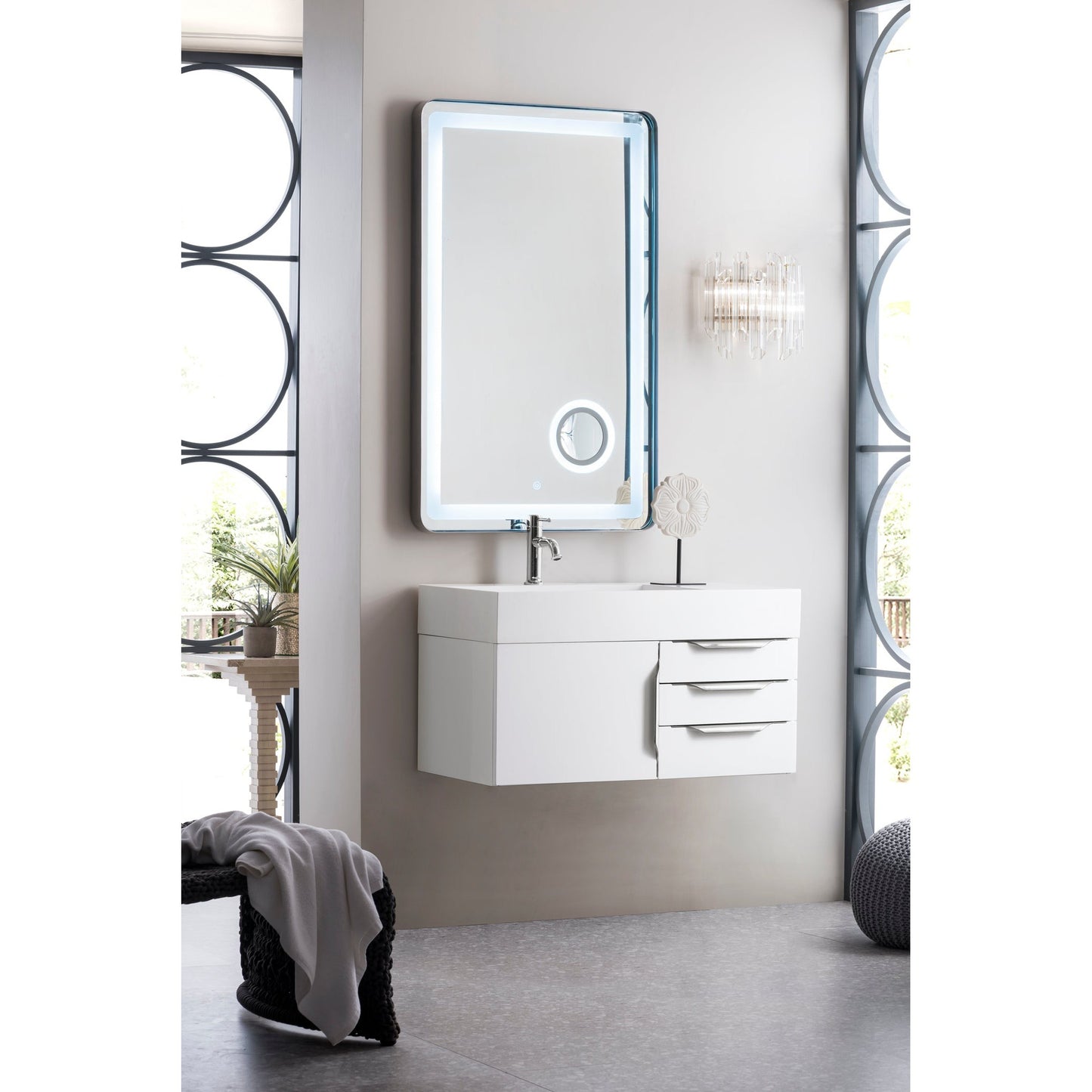 James Martin Vanities Columbia 36" Glossy White and Brushed Nickel Single Wall Mount Vanity With Glossy White Composite Stone Top