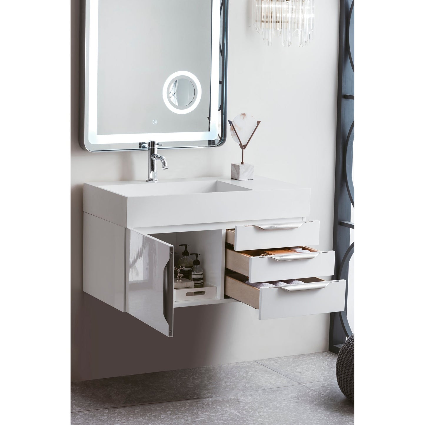 James Martin Vanities Columbia 36" Glossy White and Brushed Nickel Single Wall Mount Vanity With Glossy White Composite Stone Top