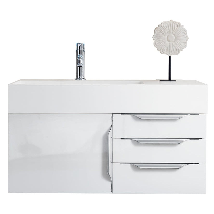 James Martin Vanities Columbia 36" Glossy White and Brushed Nickel Single Wall Mount Vanity With Glossy White Composite Stone Top