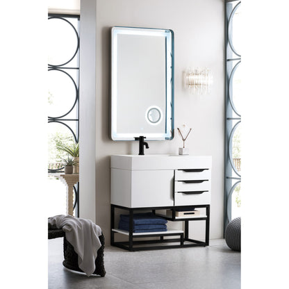 James Martin Vanities Columbia 36" Glossy White and Matte Black Single Vanity With Glossy White Composite Stone Top