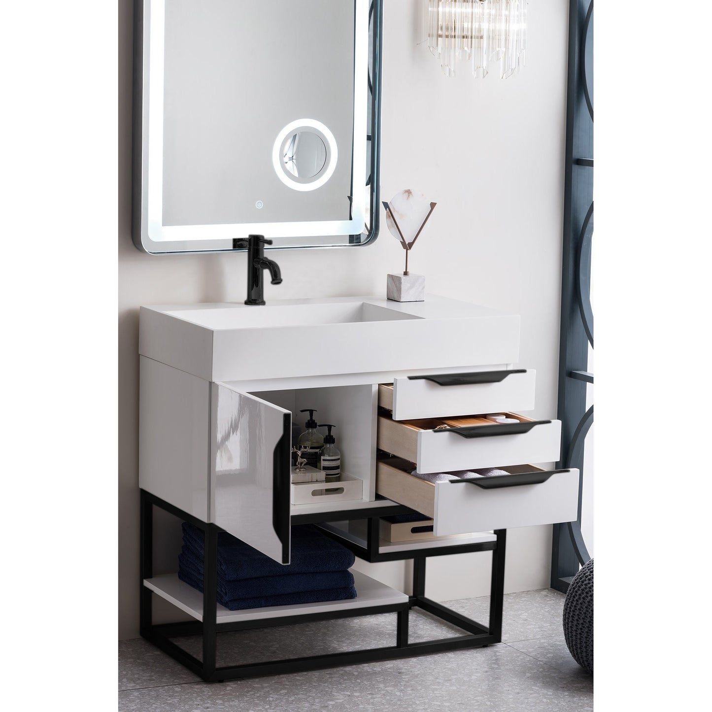 James Martin Vanities Columbia 36" Glossy White and Matte Black Single Vanity With Glossy White Composite Stone Top