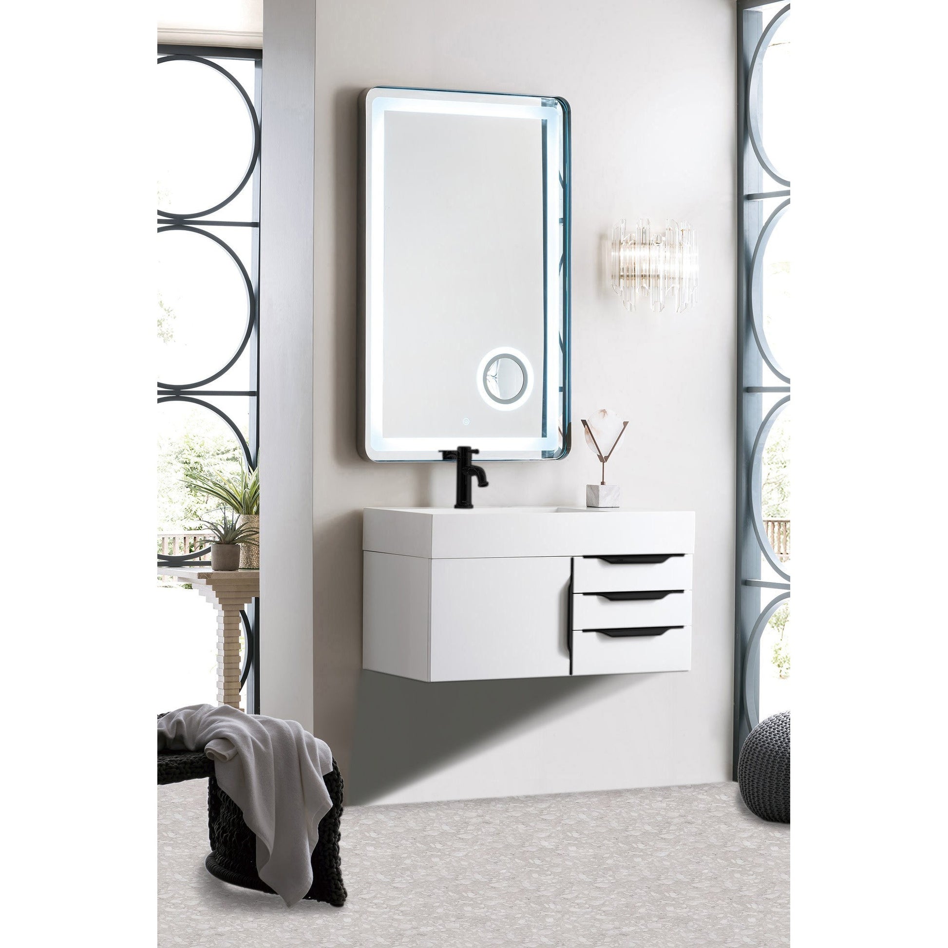 James Martin Vanities Columbia 36" Glossy White and Matte Black Single Wall Mount Vanity With Glossy White Composite Stone Top