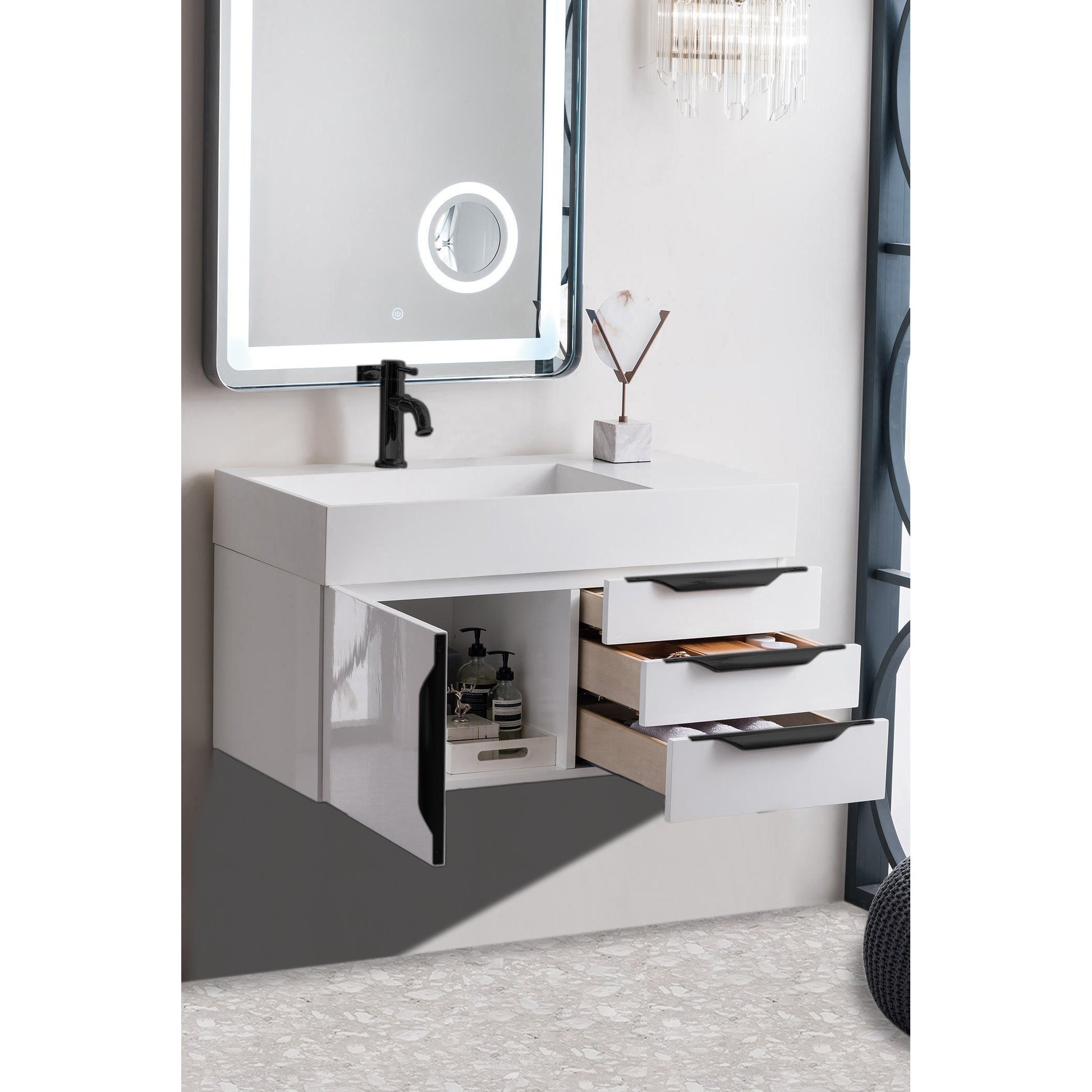 James Martin Vanities Columbia 36" Glossy White and Matte Black Single Wall Mount Vanity With Glossy White Composite Stone Top