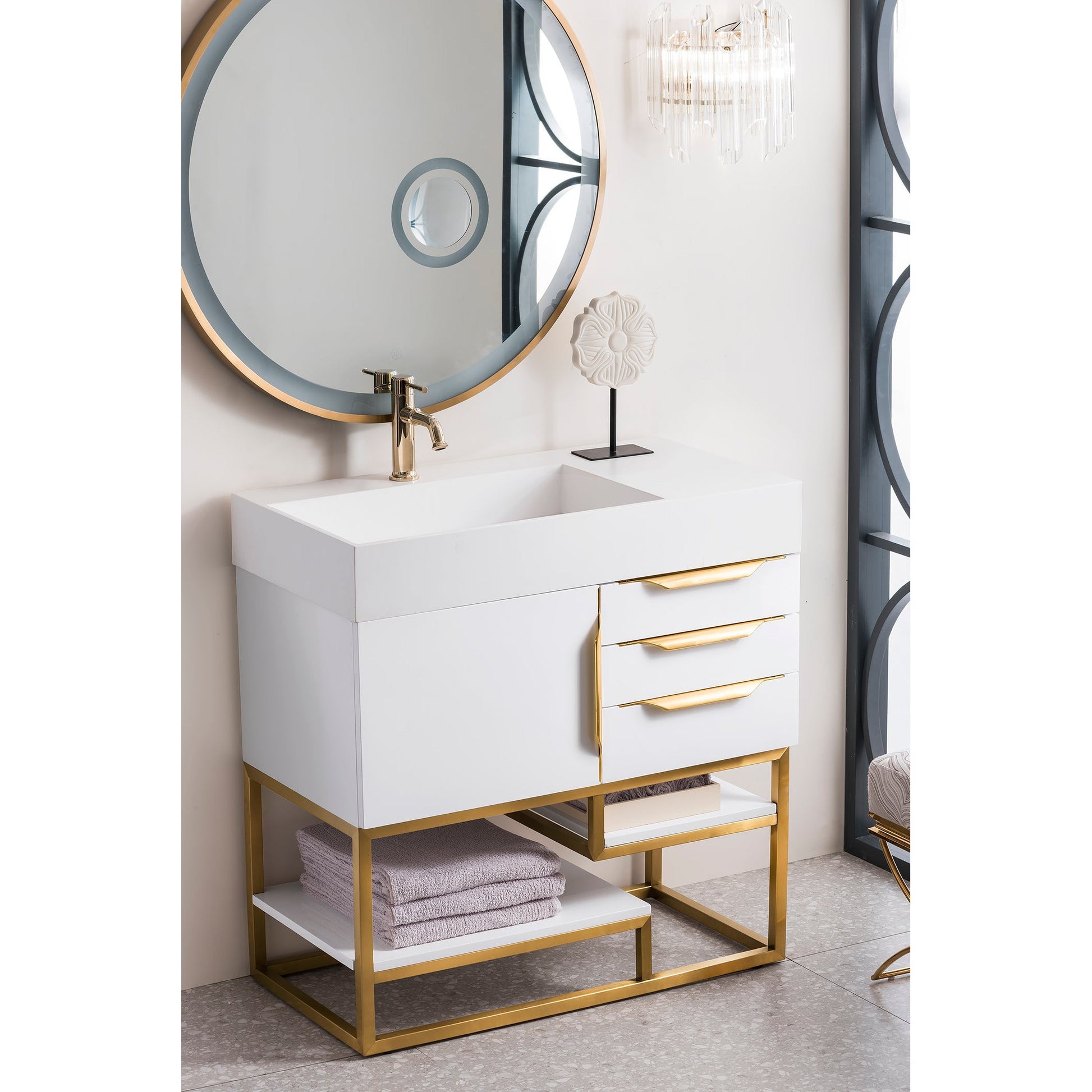 James Martin Vanities Columbia 36" Glossy White and Radiant Gold Single Vanity With Glossy White Composite Stone Top