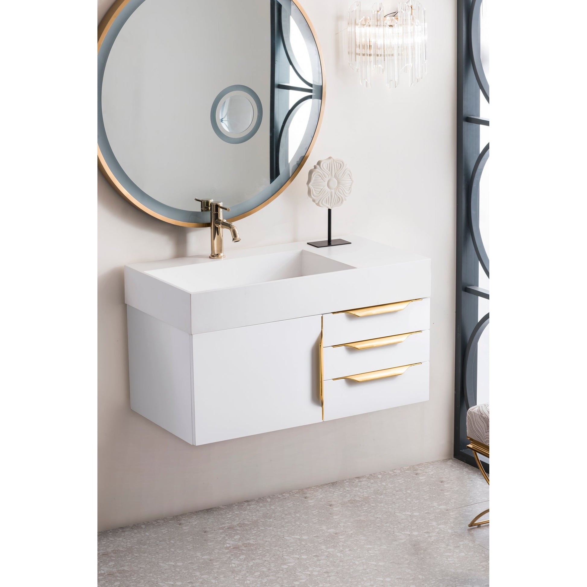 James Martin Vanities Columbia 36" Glossy White and Radiant Gold Single Wall Mount Vanity With Glossy White Composite Stone Top