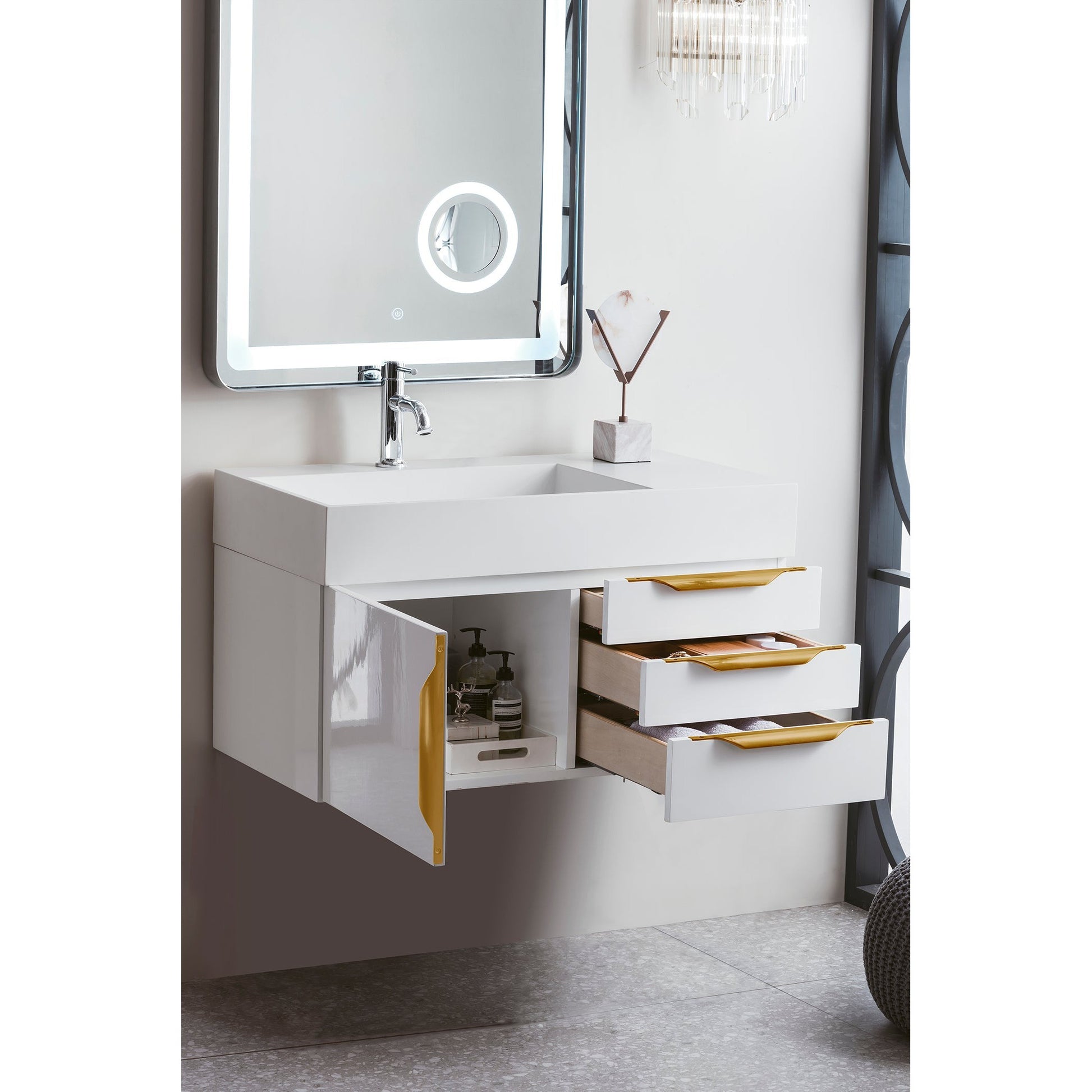 James Martin Vanities Columbia 36" Glossy White and Radiant Gold Single Wall Mount Vanity With Glossy White Composite Stone Top