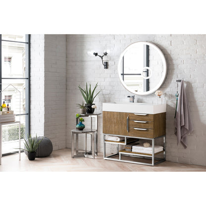 James Martin Vanities Columbia 36" Latte Oak and Brushed Nickel Single Vanity With Glossy White Composite Stone Top