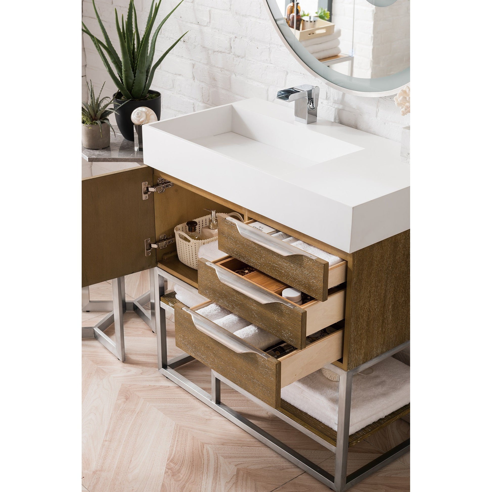 James Martin Vanities Columbia 36" Latte Oak and Brushed Nickel Single Vanity With Glossy White Composite Stone Top