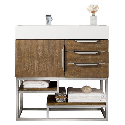 James Martin Vanities Columbia 36" Latte Oak and Brushed Nickel Single Vanity With Glossy White Composite Stone Top