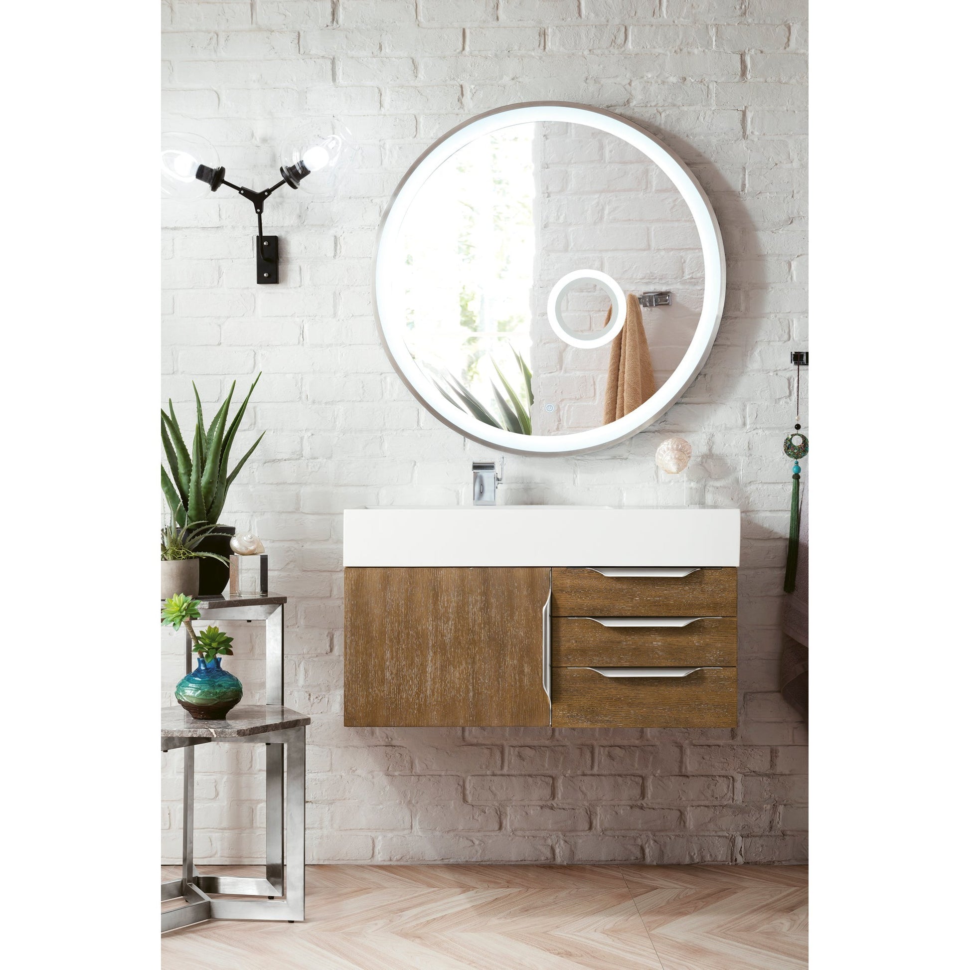 James Martin Vanities Columbia 36" Latte Oak and Brushed Nickel Single Wall Mount Vanity With Glossy White Composite Stone Top