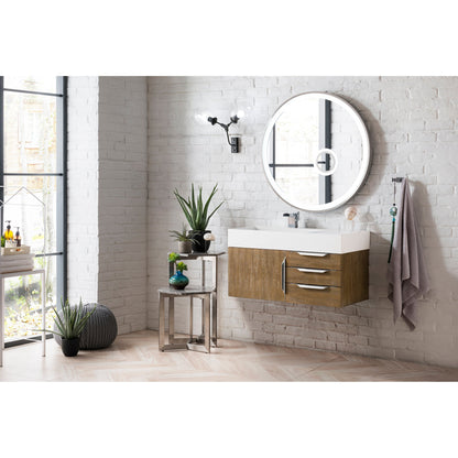 James Martin Vanities Columbia 36" Latte Oak and Brushed Nickel Single Wall Mount Vanity With Glossy White Composite Stone Top