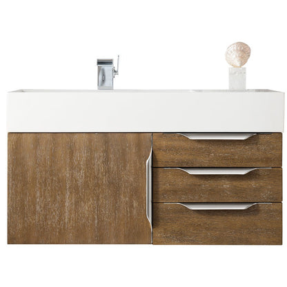 James Martin Vanities Columbia 36" Latte Oak and Brushed Nickel Single Wall Mount Vanity With Glossy White Composite Stone Top