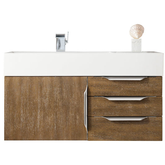 James Martin Vanities Columbia 36" Latte Oak and Brushed Nickel Single Wall Mount Vanity With Glossy White Composite Stone Top