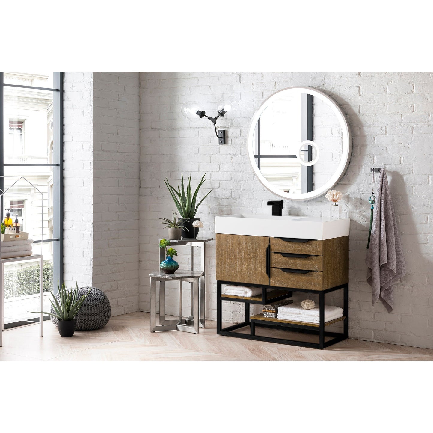 James Martin Vanities Columbia 36" Latte Oak and Matte Black Single Vanity With Glossy White Composite Stone Top