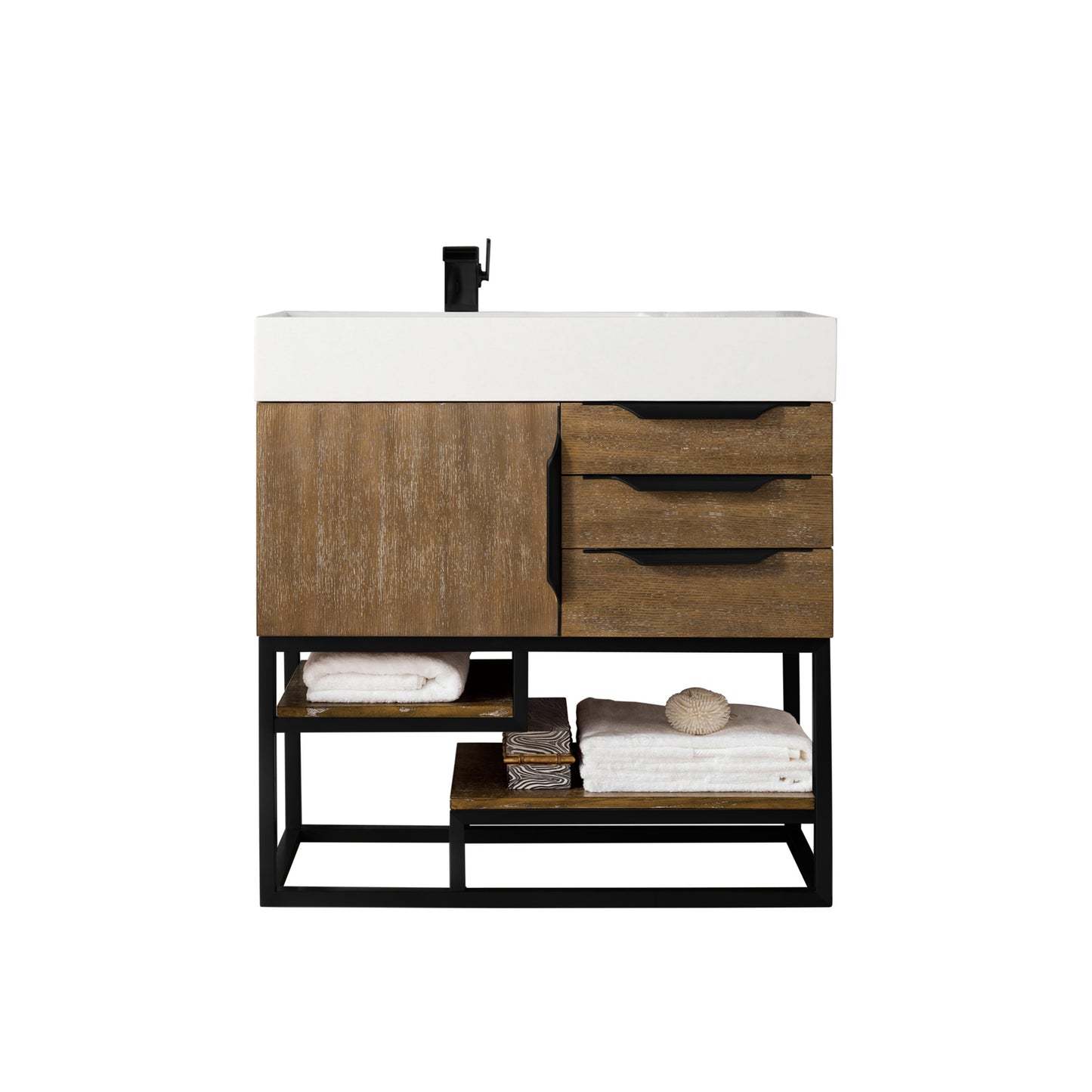 James Martin Vanities Columbia 36" Latte Oak and Matte Black Single Vanity With Glossy White Composite Stone Top