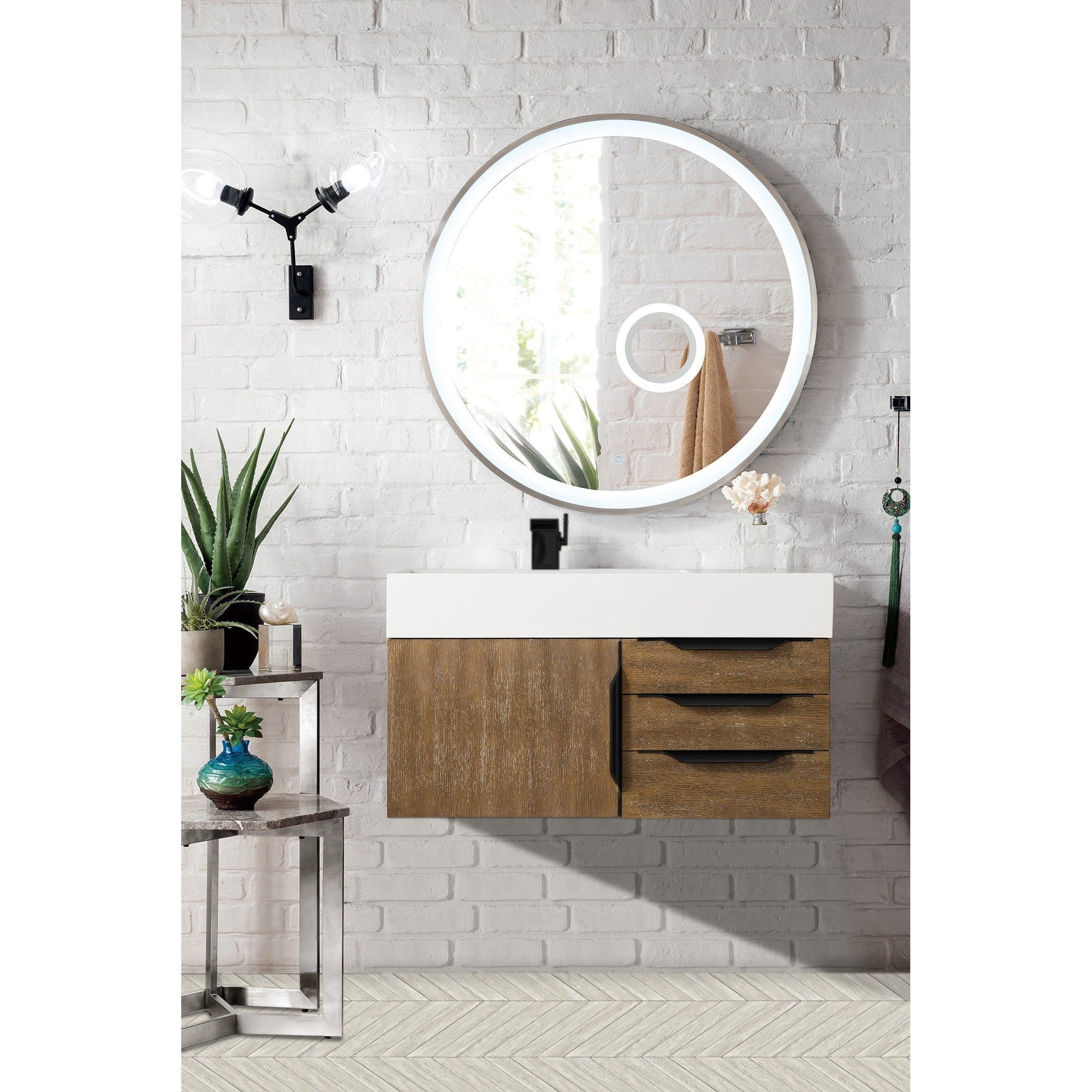 James Martin Vanities Columbia 36" Latte Oak and Matte Black Single Wall Mount Vanity With Glossy White Composite Stone Top