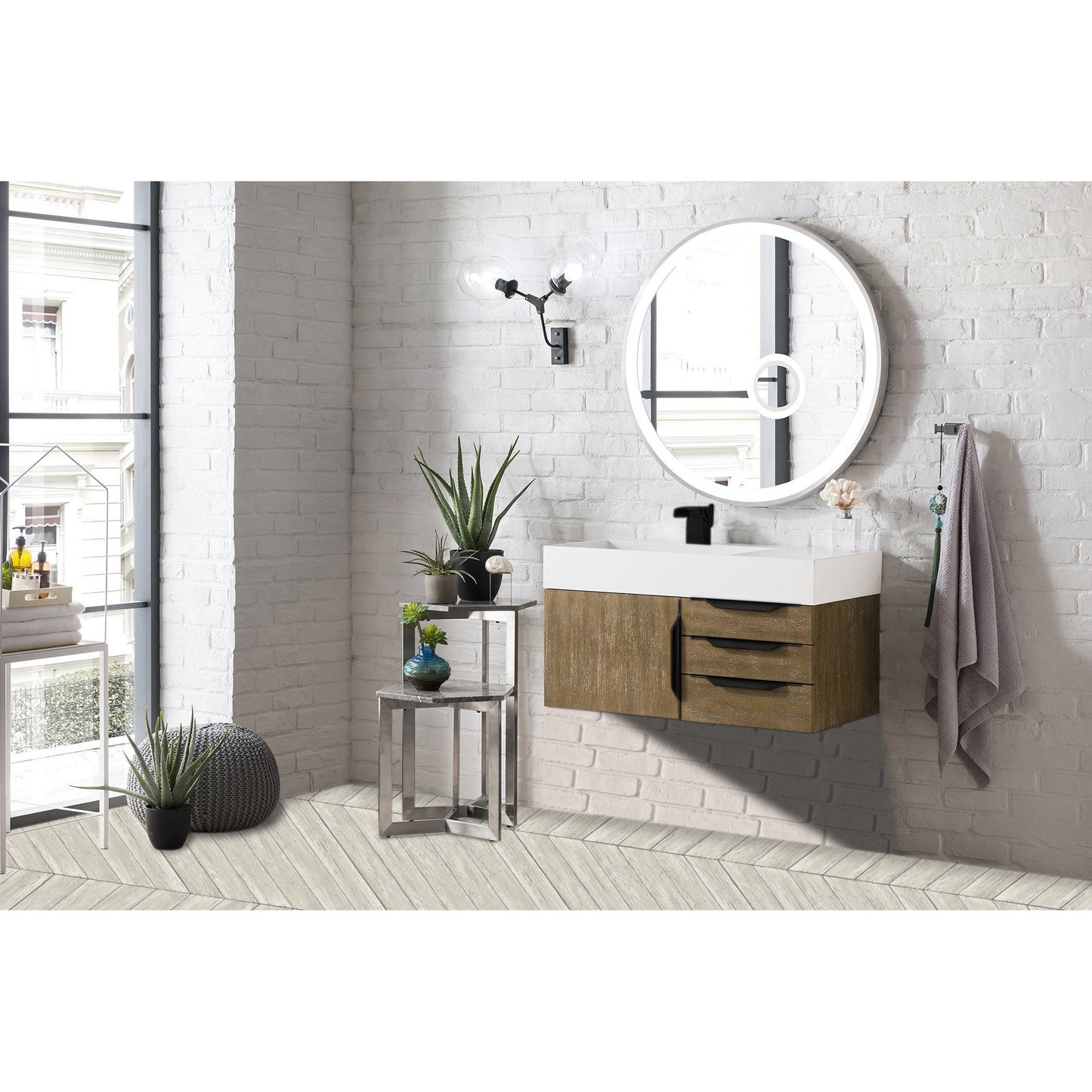 James Martin Vanities Columbia 36" Latte Oak and Matte Black Single Wall Mount Vanity With Glossy White Composite Stone Top