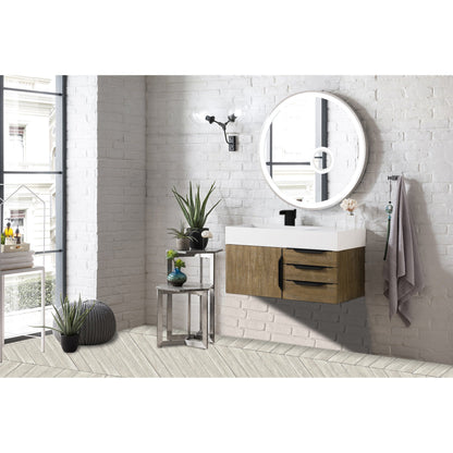 James Martin Vanities Columbia 36" Latte Oak and Matte Black Single Wall Mount Vanity With Glossy White Composite Stone Top