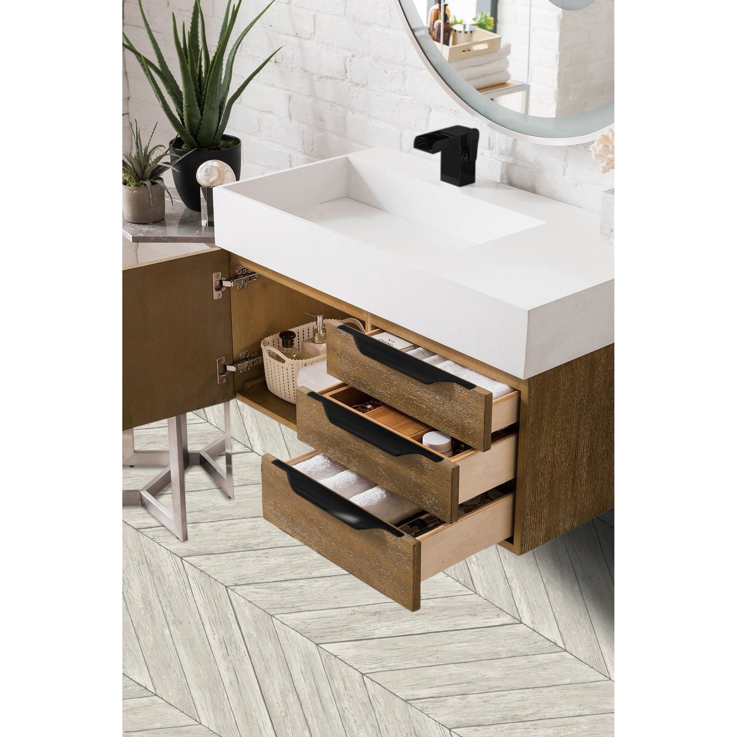 James Martin Vanities Columbia 36" Latte Oak and Matte Black Single Wall Mount Vanity With Glossy White Composite Stone Top