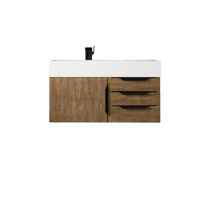 James Martin Vanities Columbia 36" Latte Oak and Matte Black Single Wall Mount Vanity With Glossy White Composite Stone Top