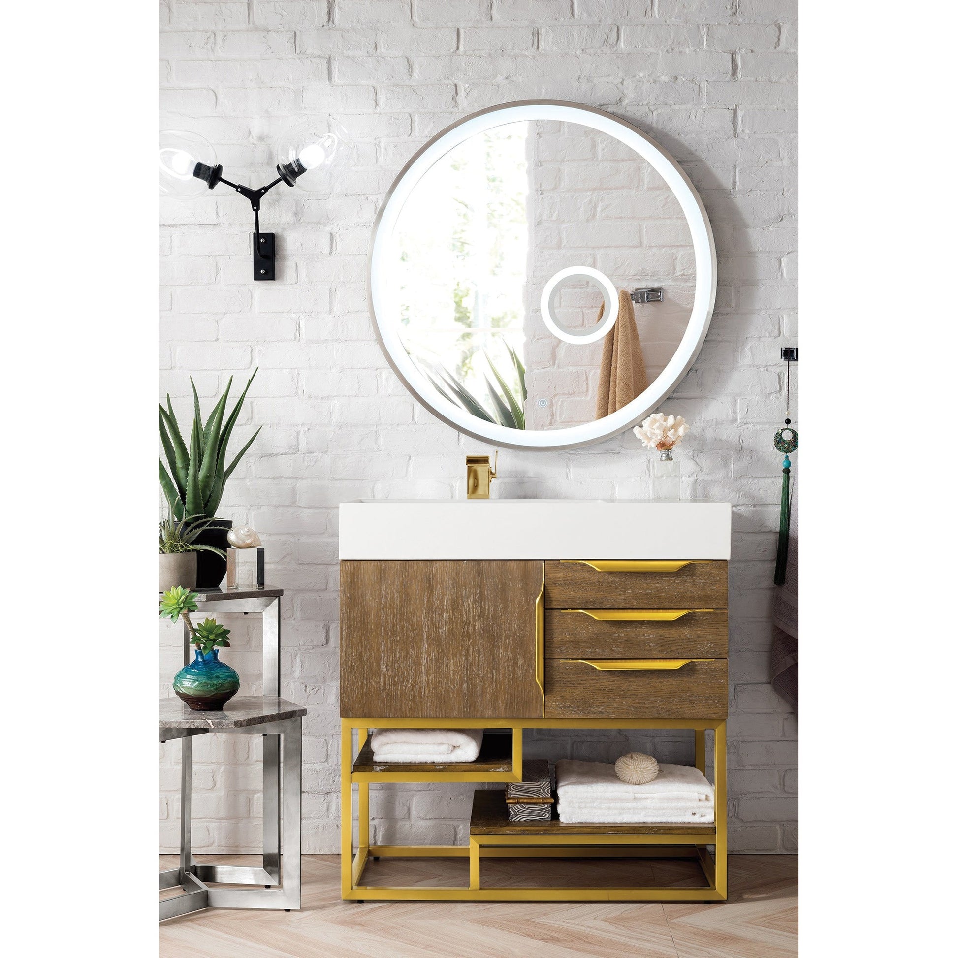 James Martin Vanities Columbia 36" Latte Oak and Radiant Gold Single Vanity With Glossy White Composite Stone Top