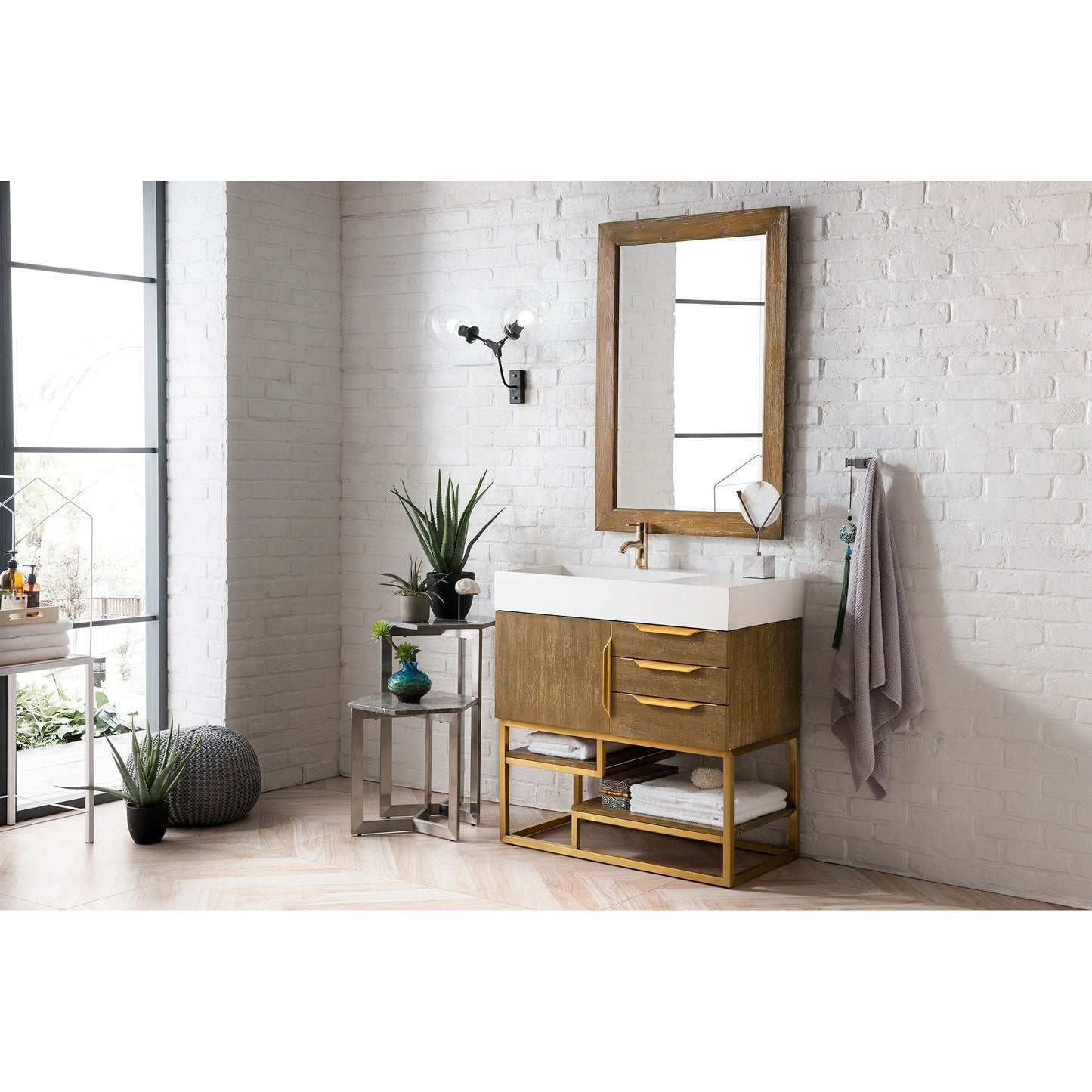 James Martin Vanities Columbia 36" Latte Oak and Radiant Gold Single Vanity With Glossy White Composite Stone Top