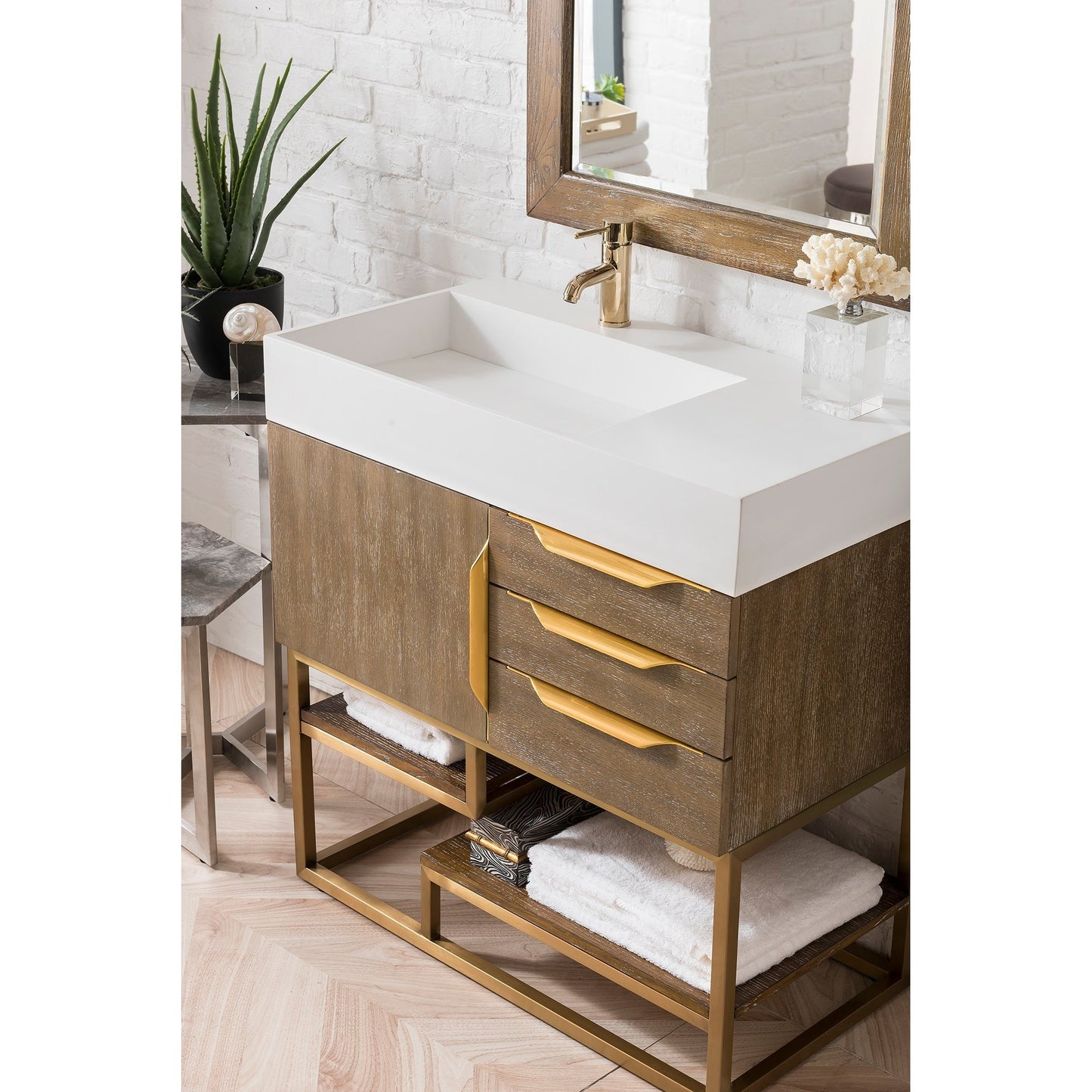 James Martin Vanities Columbia 36" Latte Oak and Radiant Gold Single Vanity With Glossy White Composite Stone Top