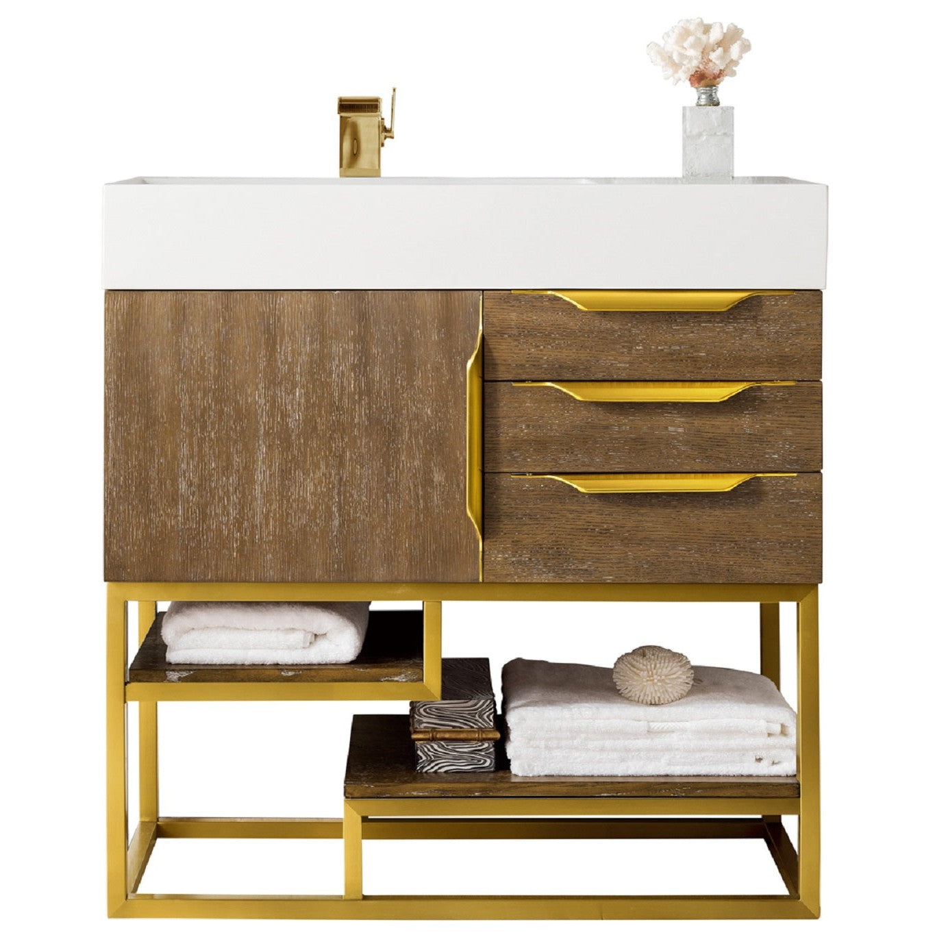 James Martin Vanities Columbia 36" Latte Oak and Radiant Gold Single Vanity With Glossy White Composite Stone Top