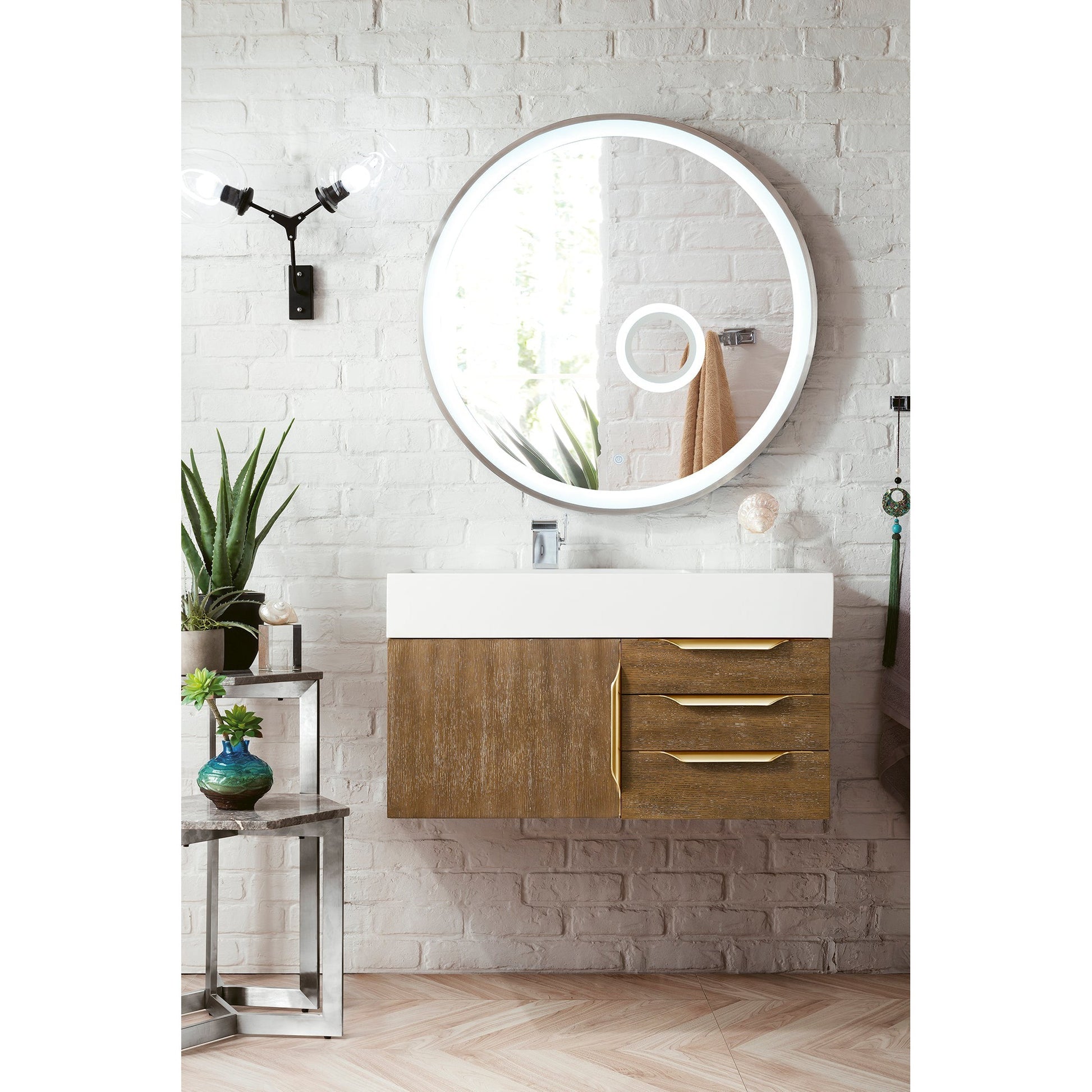 James Martin Vanities Columbia 36" Latte Oak and Radiant Gold Single Wall Mount Vanity With Glossy White Composite Stone Top