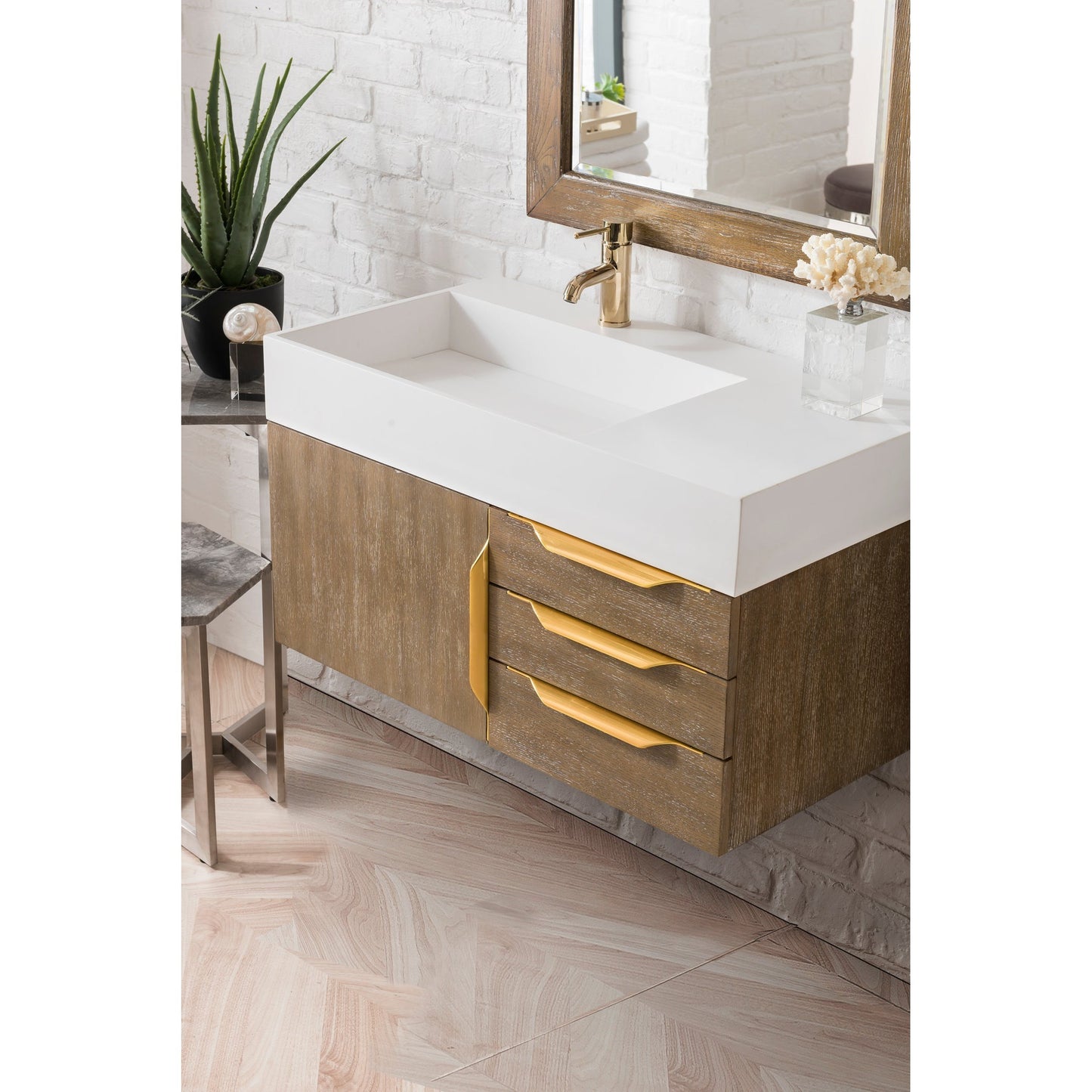 James Martin Vanities Columbia 36" Latte Oak and Radiant Gold Single Wall Mount Vanity With Glossy White Composite Stone Top