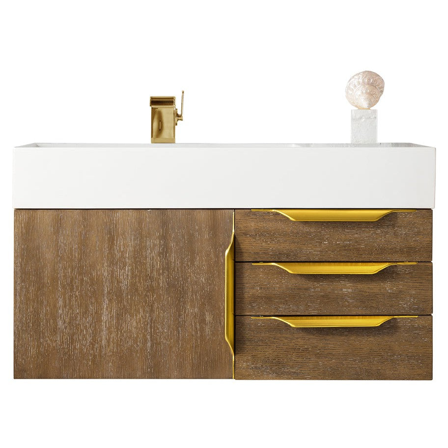 James Martin Vanities Columbia 36" Latte Oak and Radiant Gold Single Wall Mount Vanity With Glossy White Composite Stone Top