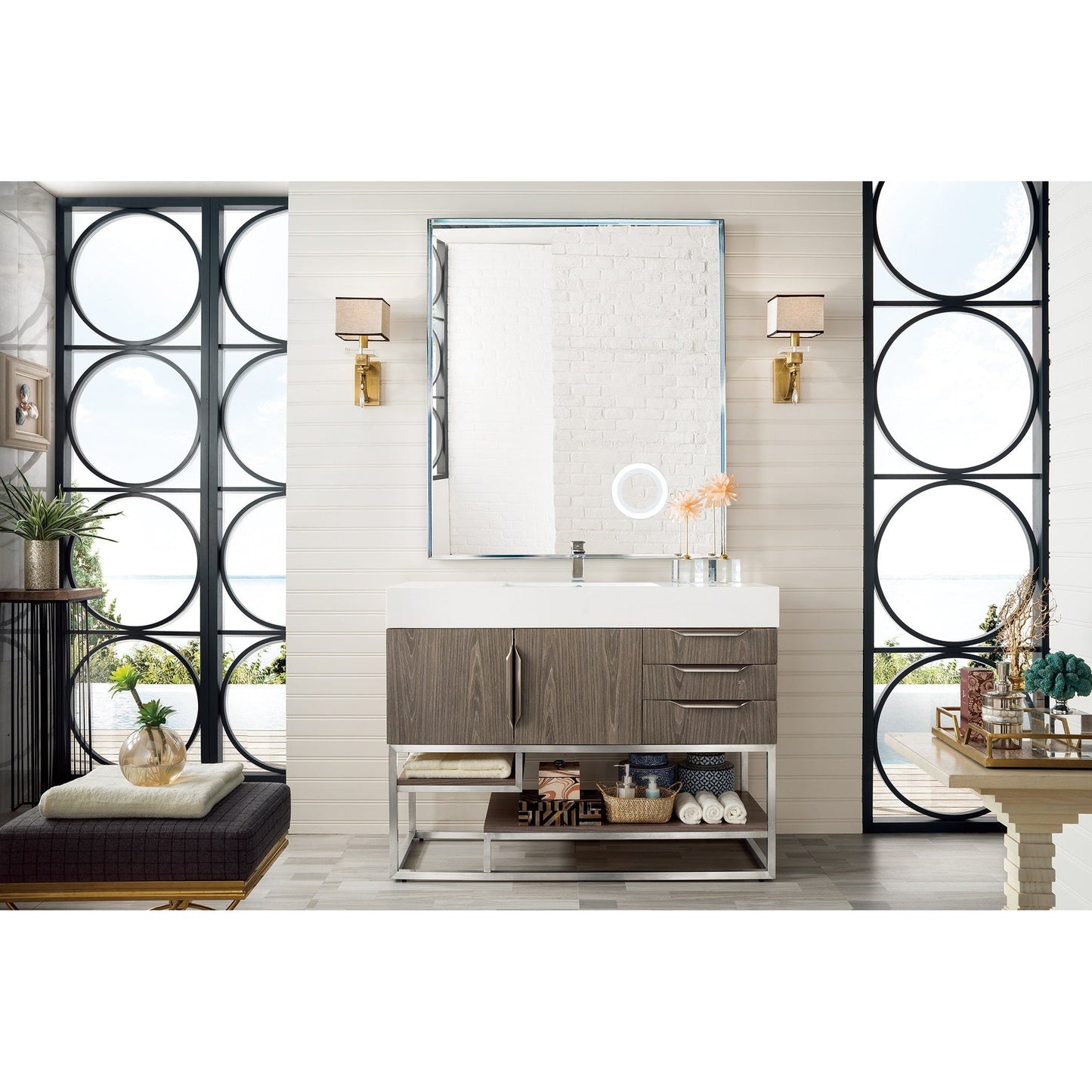 James Martin Vanities Columbia 48" Ash Gray and Brushed Nickel Single Vanity With Glossy White Composite Stone Top