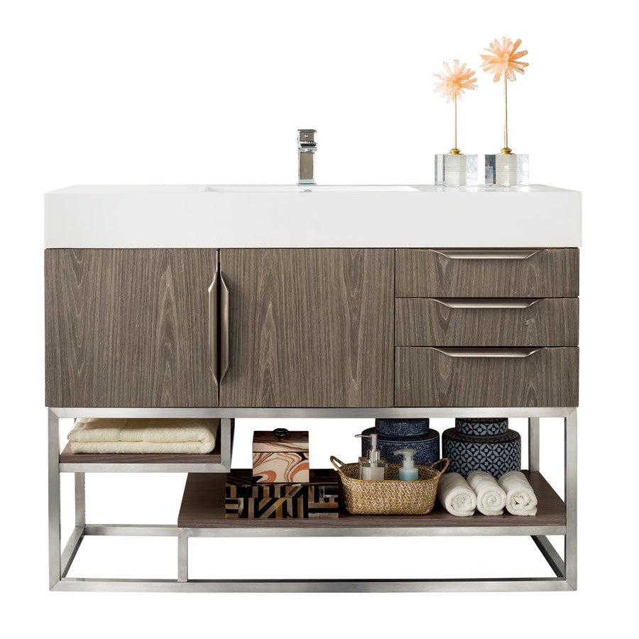 James Martin Vanities Columbia 48" Ash Gray and Brushed Nickel Single Vanity With Glossy White Composite Stone Top