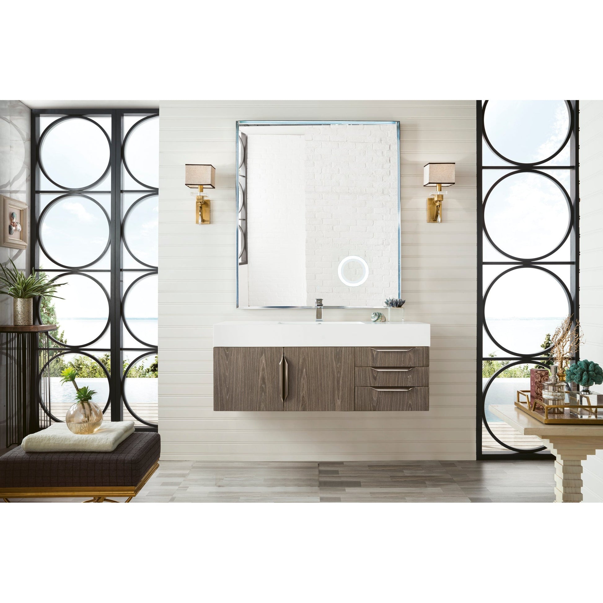 James Martin Vanities Columbia 48" Ash Gray and Brushed Nickel Single Wall Mount Vanity With Glossy White Composite Stone Top