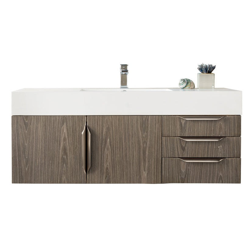 James Martin Vanities Columbia 48" Ash Gray and Brushed Nickel Single Wall Mount Vanity With Glossy White Composite Stone Top