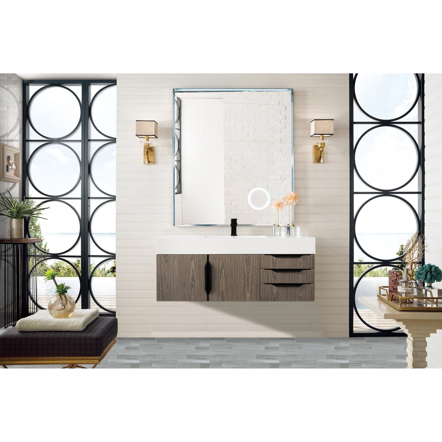 James Martin Vanities Columbia 48" Ash Gray and Matte Black Single Wall Mount Vanity With Glossy White Composite Stone Top