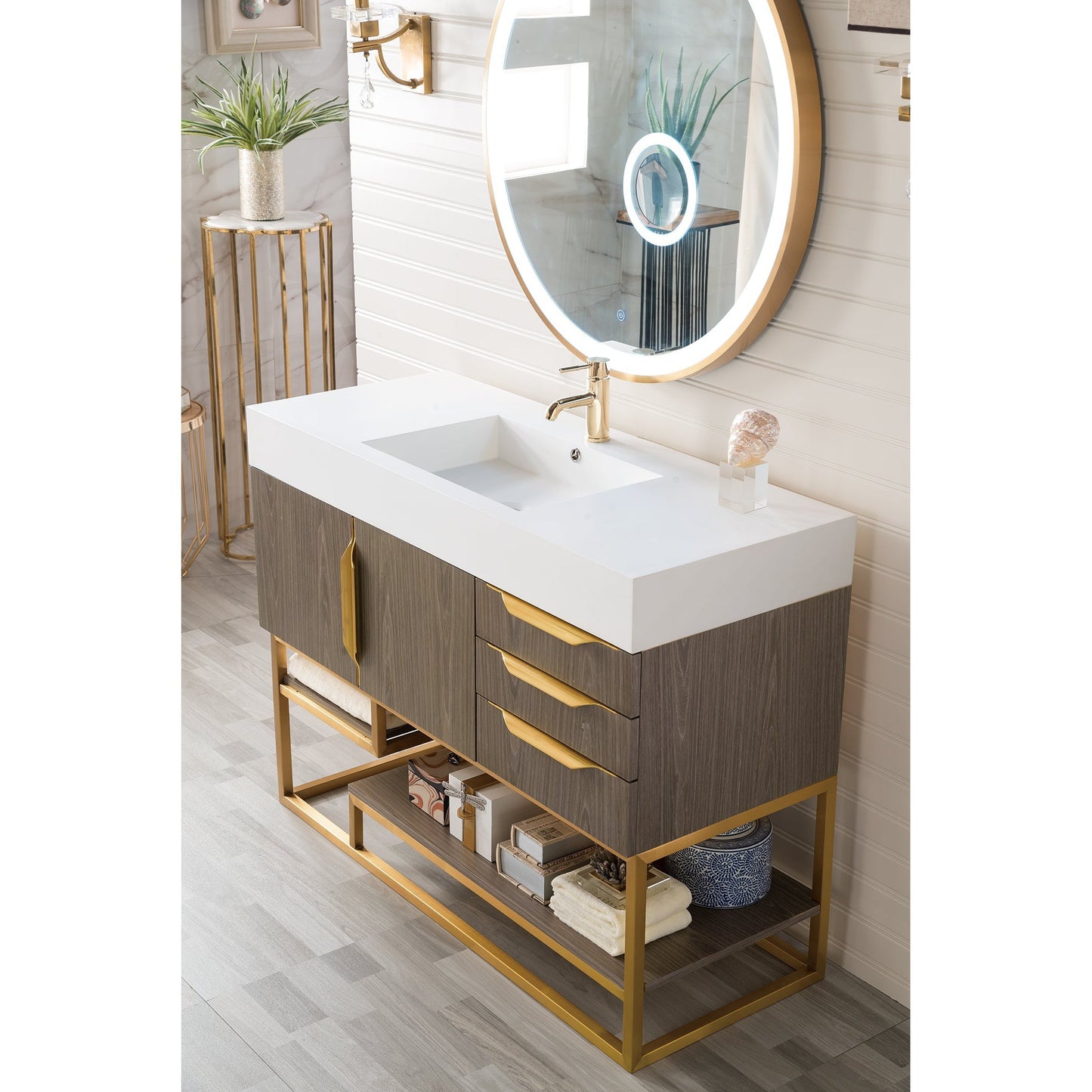 James Martin Vanities Columbia 48" Ash Gray and Radiant Gold Single Vanity With Glossy White Composite Stone Top