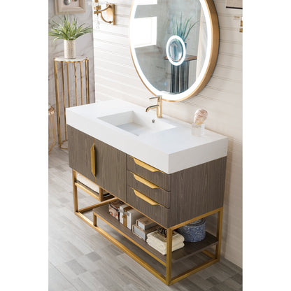 James Martin Vanities Columbia 48" Ash Gray and Radiant Gold Single Vanity With Glossy White Composite Stone Top