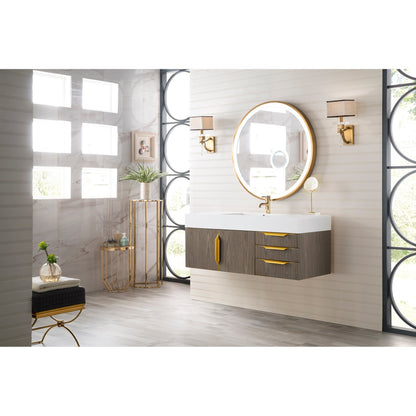 James Martin Vanities Columbia 48" Ash Gray and Radiant Gold Single Wall Mount Vanity With Glossy White Composite Stone Top